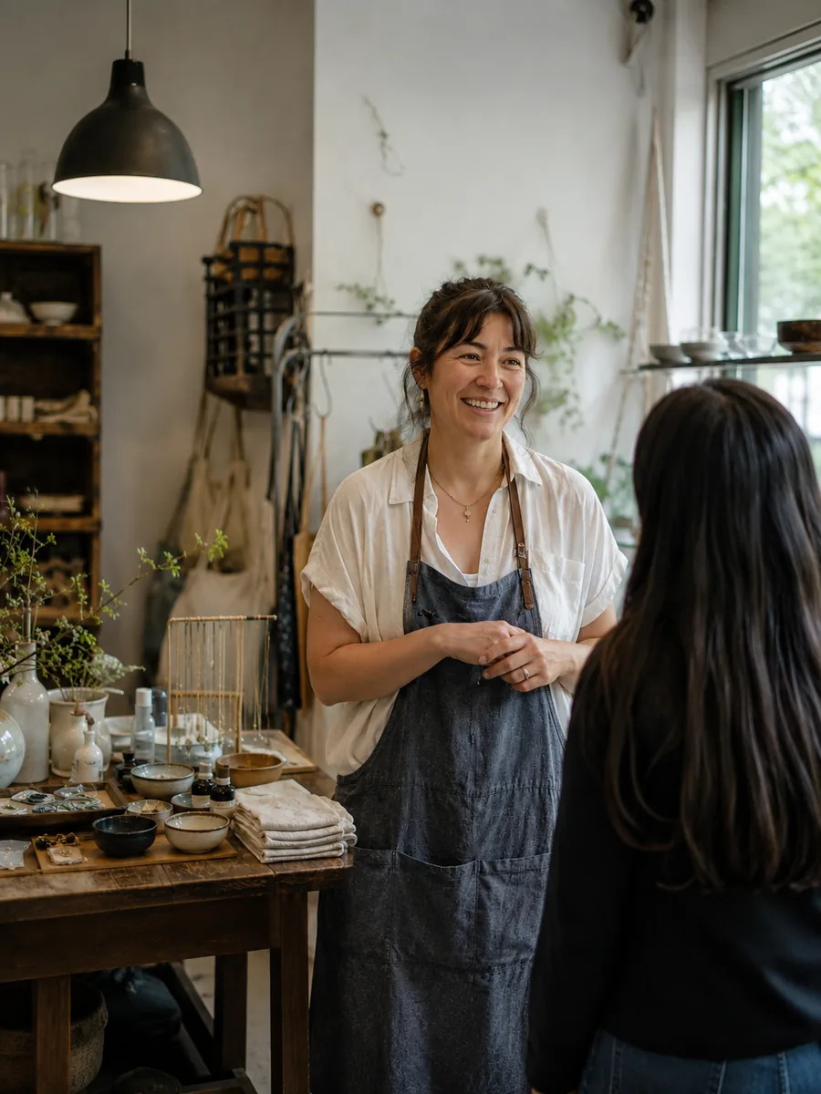 Local shop owner talking with a customer